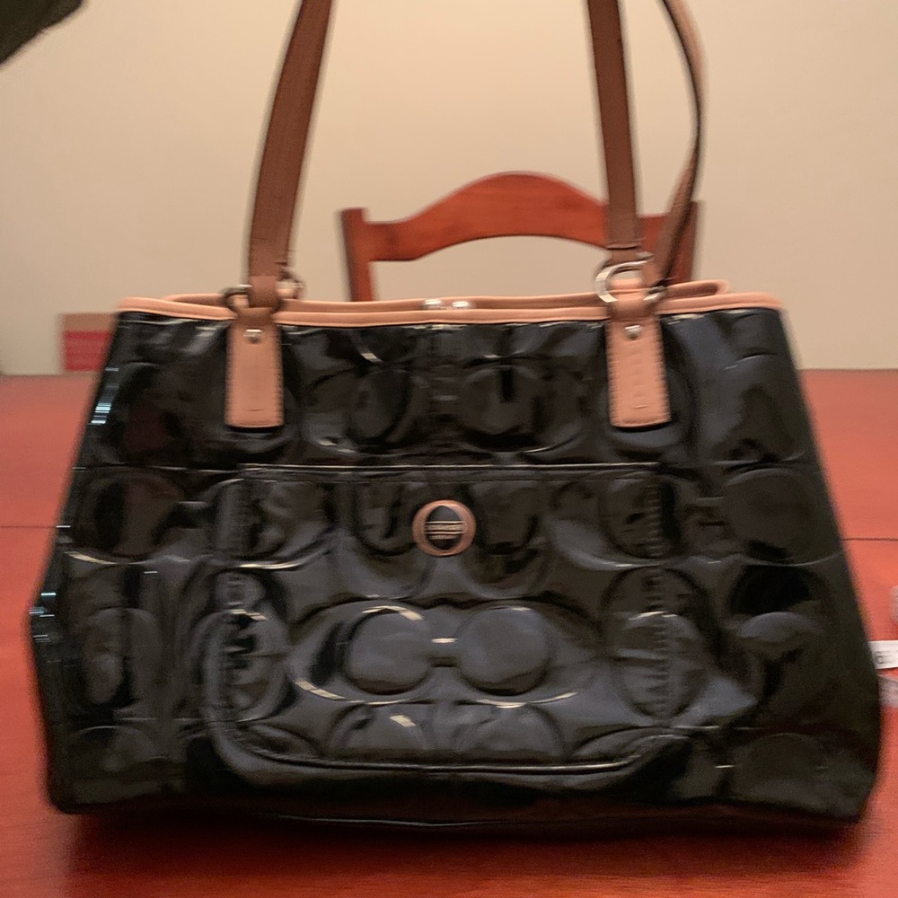 COACH Platinum Leather Trim Bag. Very classy. Multiple compartments.